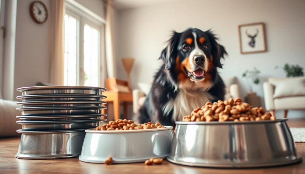 A well-lit, high-angle photograph showcasing the meal frequency for a large dog breed, such as a Bernese Mountain Dog. The foreground features a stack of dog food bowls, each filled with a nutritious kibble blend. The middle ground depicts a large, fluffy Bernese Mountain Dog sitting attentively, its gaze fixed on the food. The background presents a cozy, minimalist home interior, with neutral tones and natural lighting filtering through a window, creating a warm, inviting atmosphere. The composition emphasizes the importance of proper meal planning and portion control for the health and wellbeing of this majestic, large-breed canine.