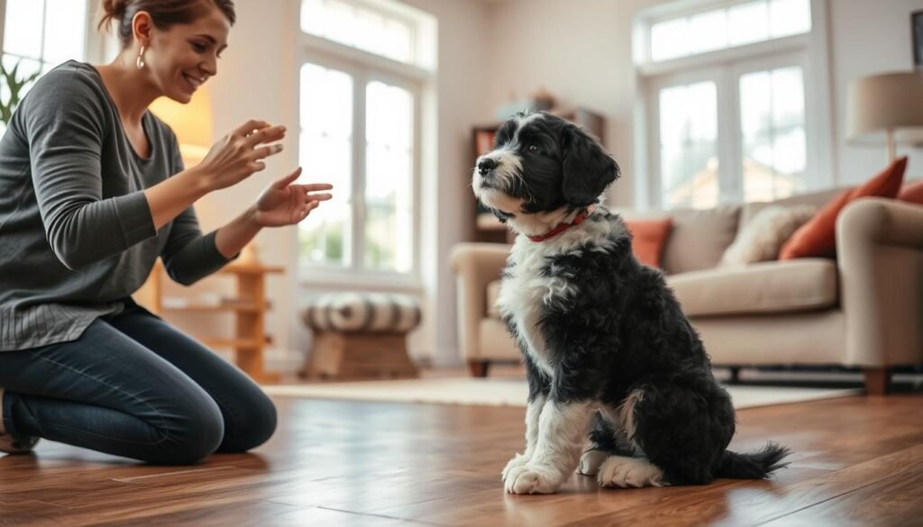 A well-lit indoor training session with a Bernedoodle pup and its owner. The dog is sitting attentively, responding to hand signals and verbal cues from the trainer, who kneels at eye level, using positive reinforcement techniques and treats. The background features a cozy home environment, with wooden floors, neutral-toned furniture, and natural lighting filtering in through large windows. The scene conveys a sense of patience, trust, and the rewarding bond between the Bernedoodle and its human companion during the training process.
