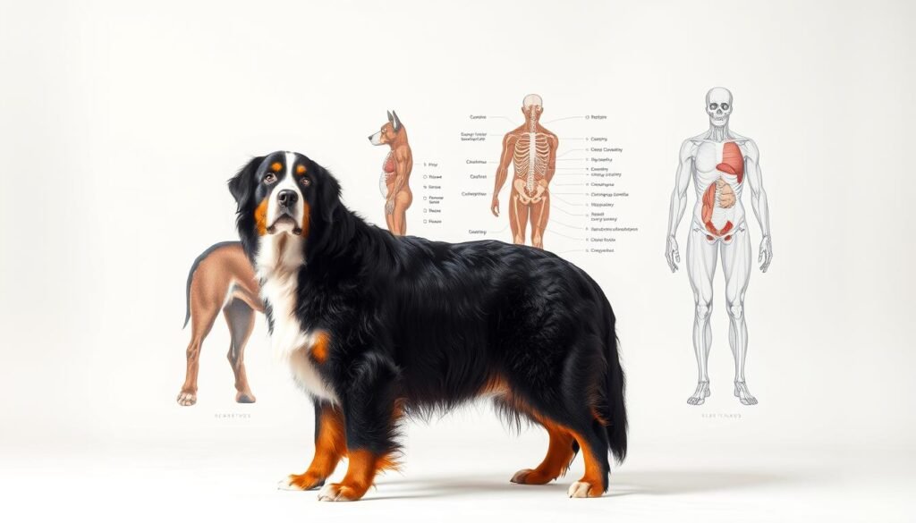 A well-lit studio setting showcasing the breed standard and health considerations of a Bernese Mountain Dog. In the foreground, the dog is posed in a natural standing position, its thick, lustrous black, white, and rust-colored coat catching the light. In the middle ground, detailed anatomical illustrations highlight the dog's proportions, bone structure, and key physical attributes. The background features a clean, minimalist backdrop, allowing the subject to take center stage. The overall composition conveys a sense of authority and expertise, suitable for an educational article on this beloved alpine breed.