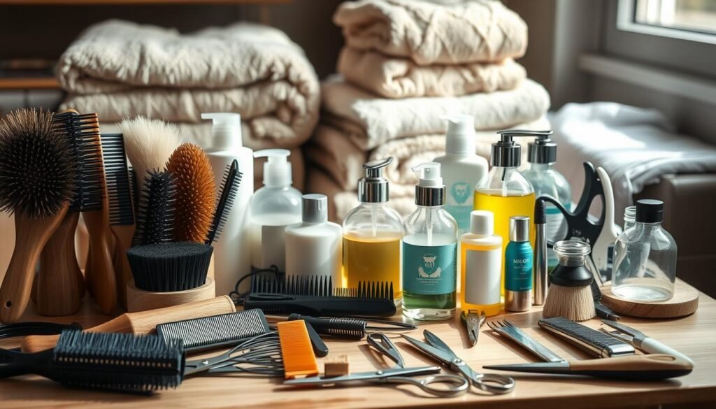 A well-lit tabletop scene showcasing an assortment of dog grooming and health essentials. In the foreground, neatly arranged brushes, combs, and scissors of various sizes and styles. In the middle ground, an array of shampoos, conditioners, and coat treatments in attractive glass bottles. In the background, a soft-focus blend of plush towels, nail clippers, and other grooming tools. The lighting is warm and natural, creating a soothing, inviting atmosphere. The overall composition emphasizes the care and attention required to maintain the health and appearance of a beloved canine companion.