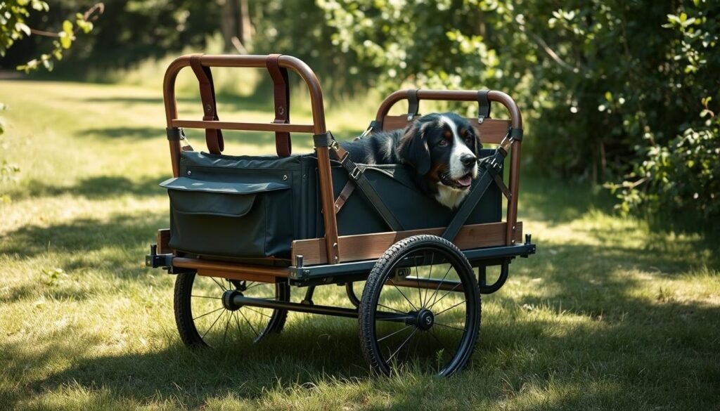 Collapsible dog cart assembly in natural light. A sturdy wooden frame with metal accents, featuring adjustable harness straps and a roomy storage compartment. The cart is positioned on a grassy path surrounded by lush foliage, casting soft shadows. Careful attention to ergonomic design and durable construction, creating a versatile and comfortable solution for hiking with your Bernese Mountain Dog. Neutral tones and clean lines evoke a sense of rugged reliability. The cart is angled to showcase its intuitive assembly and disassembly, inviting the viewer to imagine its practical application.