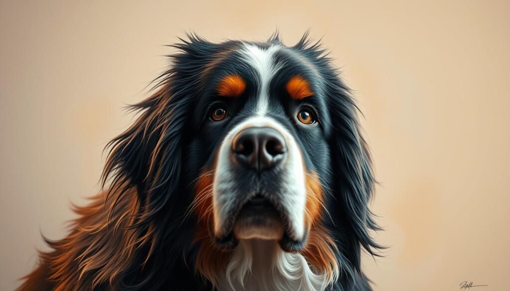 Intricate Bernese Mountain Dog art, masterfully crafted with a focus on exclusive details. A hyper-realistic, high-resolution portrait showcasing the breed's distinctive features - plush tri-colored fur, expressive eyes, and a powerful, muscular build. Soft, warm lighting accentuates the textures, while a shallow depth of field isolates the subject, creating an atmosphere of elegance and sophistication. The artwork is presented in a minimalist, gallery-worthy composition, allowing the canine's regal presence to captivate the viewer. Subtle shadows and highlights add depth and dimension, elevating this piece to a level of artistic excellence befitting the noble Bernese Mountain Dog.