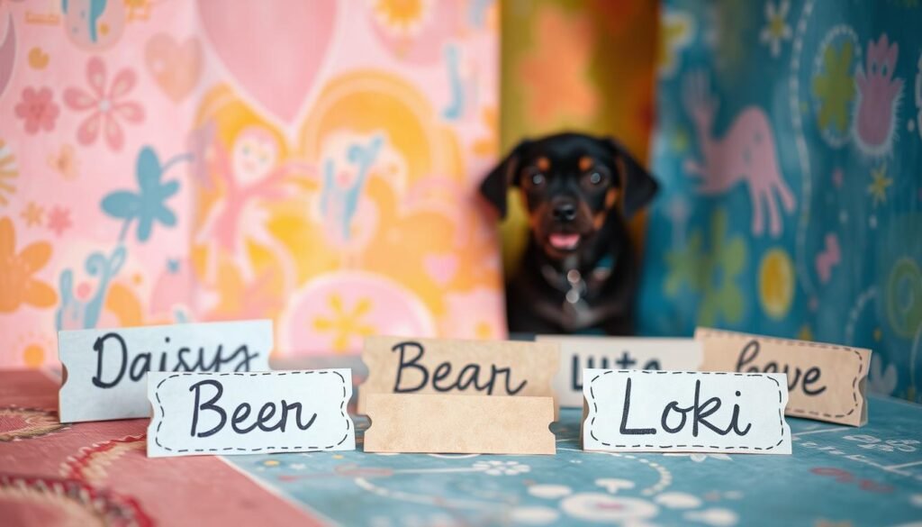Personalized dog names showcased on colorful, playful backgrounds. In the foreground, a delightful arrangement of handwritten, cursive text labels with whimsical pet names like "Daisy," "Bear," and "Loki." The middle ground features vibrant, textured backdrops in pastel hues, evoking a charming, handcrafted aesthetic. Soft, warm lighting casts a gentle glow, creating a cozy, intimate atmosphere. The overall composition conveys a sense of creativity, individuality, and the special bond between dogs and their owners.
