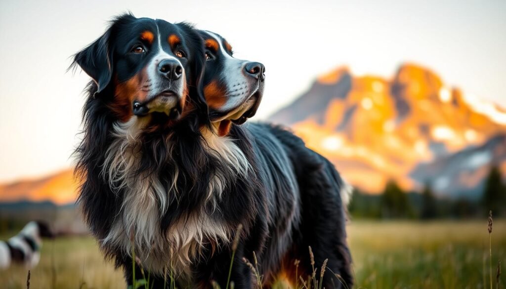 Prompt A pristine, well-groomed Bernese Mountain Dog stands proudly in a sunlit meadow, its thick, silky coat glistening. In the background, a picturesque mountain range rises, bathed in warm, golden light. The dog's attentive gaze and alert posture convey its intelligence and trainability. The scene is captured with a shallow depth of field, emphasizing the dog's regal presence. The lighting is soft and diffused, creating a sense of tranquility and natural beauty. This AKC-registered Bernese Mountain Dog represents the highest standards of breeding, care, and responsible ownership.