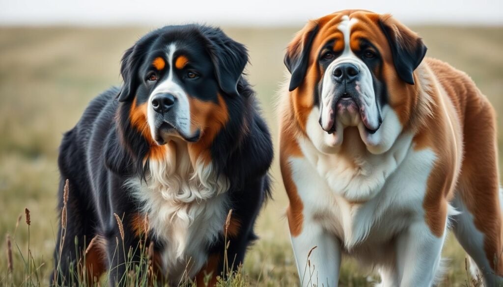 Two large, majestic dogs - a Bernese Mountain Dog and a Saint Bernard - standing side by side in a serene, grassy meadow. The Bernese dog has a gentle, calm expression, with a thick, black, white, and tan coat. The Saint Bernard has a slightly more alert, watchful gaze, with a thick, tan and white coat. Soft, diffused natural lighting illuminates their muscular, powerful builds, emphasizing their imposing yet friendly presence. The background is blurred, allowing the viewer to focus on the subtle differences in their temperament and behavior.