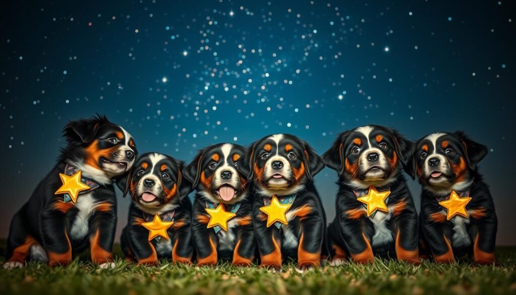 Whimsical starry night sky, with a cluster of twinkling stars shimmering in the background. In the foreground, a group of adorable Bernese Mountain Dog puppies, each wearing a stylized star-themed collar or bandana, their fur coats illuminated by a soft celestial glow. The dogs are playfully interacting, capturing the joy and creativity of these star-inspired canine names. The scene is captured with a warm, cinematic lighting and a slightly low camera angle, emphasizing the wonder and enchantment of these star-themed dog companions.