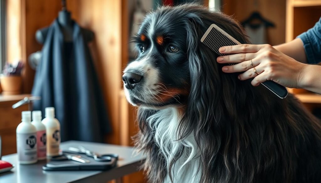 a detailed, high-quality image of a double-coated dog grooming routine, showcasing a Newfoundland Bernese Mountain Dog mix being brushed and combed to maintain its thick, lush coat. The dog is positioned in the foreground, with the groomer's hands carefully working through the fur using a slicker brush and metal comb. The middle ground features grooming tools like scissors, nail clippers, and shampoo bottles, neatly arranged on a table. The background depicts a cozy, well-lit grooming studio with natural wooden accents, creating a warm and inviting atmosphere. The lighting is soft and flattering, highlighting the dog's shiny, healthy coat. The overall scene conveys the importance of regular, attentive grooming for double-coated breeds.