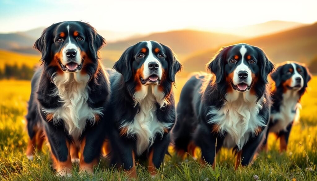a highly detailed and photorealistic image of a group of AKC Bernese Mountain Dogs standing in a lush, natural setting, showcasing the breed's distinctive features and conformation as per the breed standard. The dogs are positioned in the foreground, with a well-lit, softly-focused middle ground of a grassy meadow and a gently blurred background of rolling hills and a clear sky. The lighting is warm and natural, accentuating the dogs' thick, lustrous coats and gentle expressions. The overall mood is one of calm, tranquility, and pride in the breed's heritage and health. The image captures the essence of the Bernese Mountain Dog's beauty, strength, and adherence to the AKC breed standard.