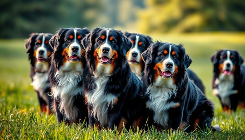 a highly detailed and photorealistic image of a group of Bernese Mountain Dogs in a grassy outdoor setting, showcasing the breed's quality breeding standards. The dogs are positioned in the foreground, with lush green grass and a blurred, hazy background. The lighting is soft and natural, creating a warm, inviting atmosphere. The dogs' coats are meticulously groomed, their proportions and features precisely representing the breed's established standards. The overall composition emphasizes the dogs' strength, elegance, and health, conveying a sense of pride and commitment to responsible breeding practices.
