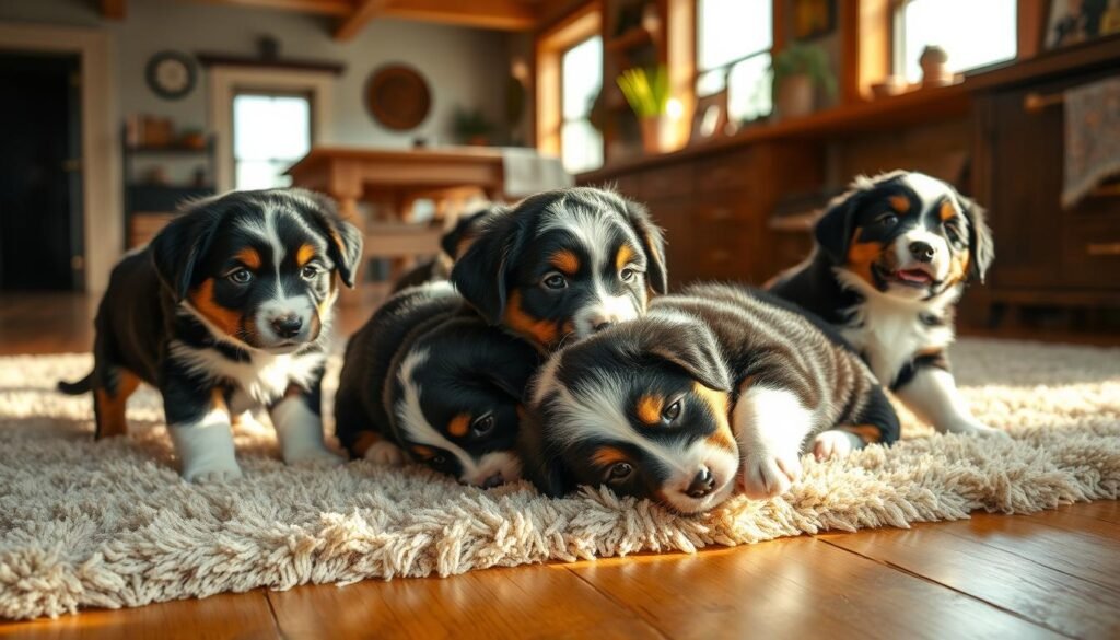 a litter of adorable bernese mountain dog puppies playing happily in a cozy farmhouse setting, soft natural lighting illuminating their fluffy fur, the puppies tumbling and cuddling on a plush rug in the foreground, with a warm, rustic interior of wooden beams and farmhouse decor visible in the background, creating a welcoming, homely atmosphere perfect for showcasing these beautiful, adoptable puppies