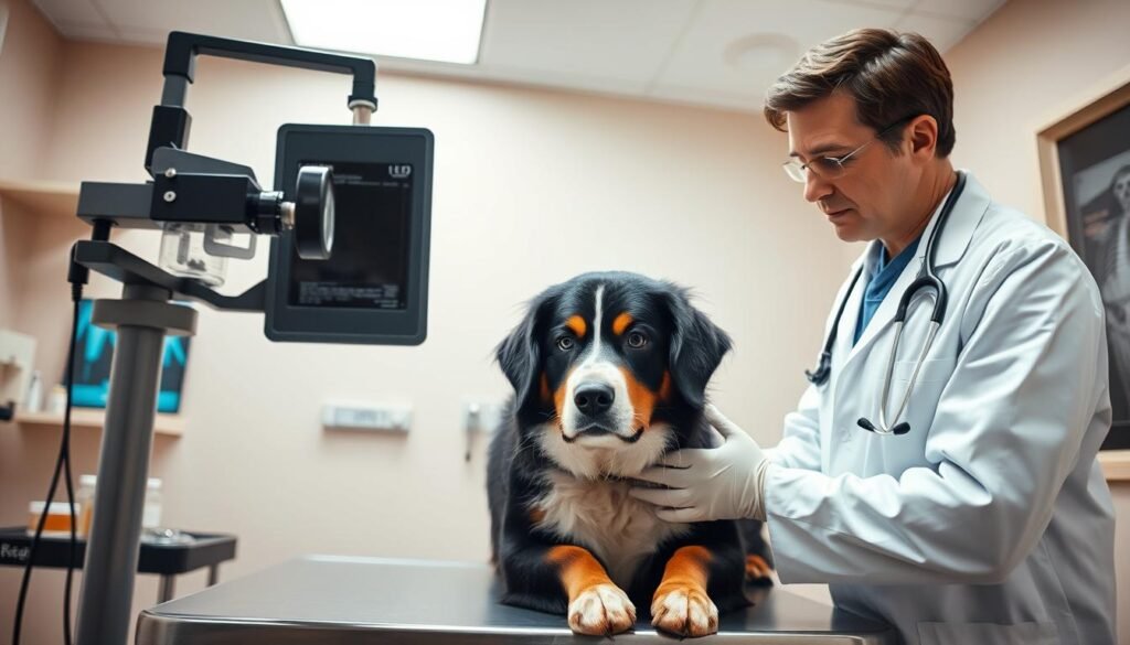 a well-lit, close-up examination room scene with a Bernese mountain dog being carefully checked by a veterinarian wearing a white coat, stethoscope, and gloves. The dog is sitting calmly on an examination table, surrounded by medical equipment like a scale, x-ray viewer, and vials of samples. The room has a clean, professional atmosphere with bright lighting and neutral-colored walls. The veterinarian's face is focused as they thoroughly inspect the dog's health, conveying a sense of care and expertise. The overall mood is one of trust, safety, and responsible pet care.