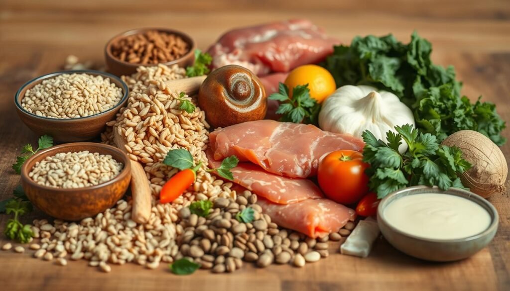 a well-lit, high-quality close-up photograph of an assortment of wholesome, natural dog food ingredients including whole grains, lean meats, fresh vegetables, and healthy fats, arranged on a wooden surface with a neutral background, creating a visually appealing and informative display that showcases the nutritional benefits of a balanced diet for a large breed dog